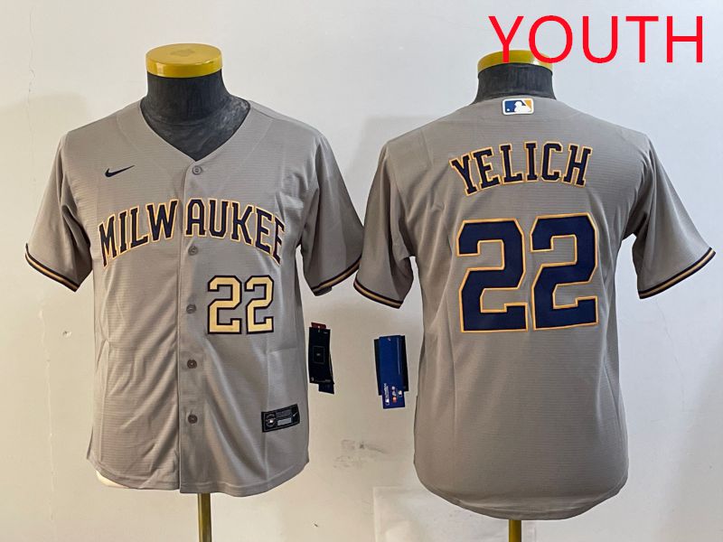 Youth Milwaukee Brewers #22 Yelich Grey Game 2025 Nike MLB Jersey style 4->youth mlb jersey->Youth Jersey